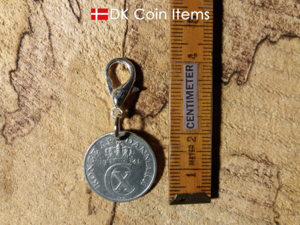 Denmark 1941 C coin charm. 83 year old Danish 2 ore coin pendant on lobster claw clasp