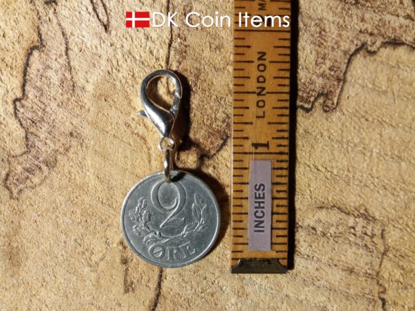 Denmark 1941 C coin charm. 83 year old Danish 2 ore coin pendant on lobster claw clasp