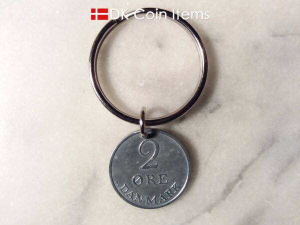 Denmark 1966 R coin keychain. 58 year old Danish 2 ore as coin pendant