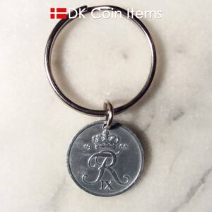 Denmark 1966 R coin keychain. 58 year old Danish 2 ore as coin pendant