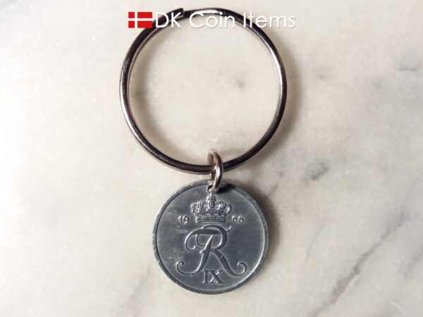 Denmark 1966 R coin keychain. 58 year old Danish 2 ore as coin pendant