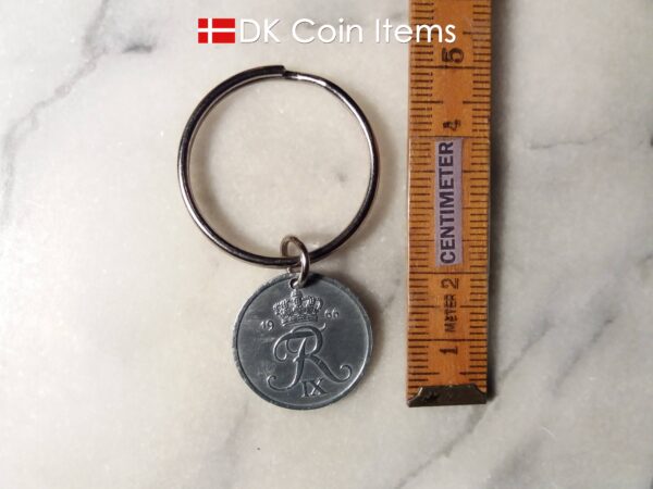 Denmark 1966 R coin keychain. 58 year old Danish 2 ore as coin pendant