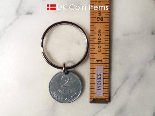 Denmark 1966 R coin keychain. 58 year old Danish 2 ore as coin pendant