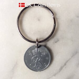 Denmark 1967 R coin keychain. 57 year old Danish 2 ore as coin pendant