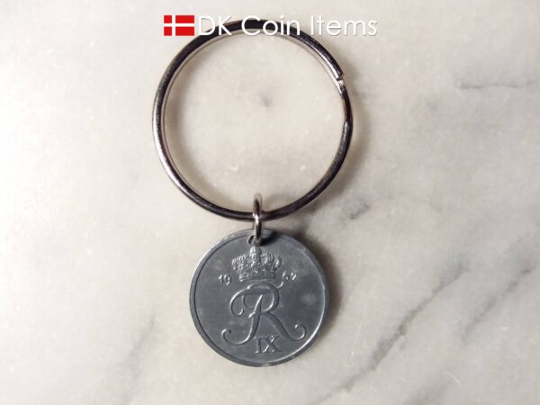 Denmark 1967 R coin keychain. 57 year old Danish 2 ore as coin pendant