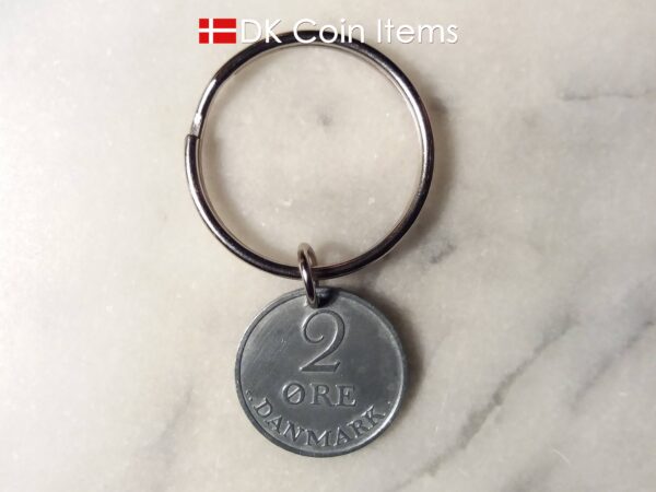 Denmark 1967 R coin keychain. 57 year old Danish 2 ore as coin pendant