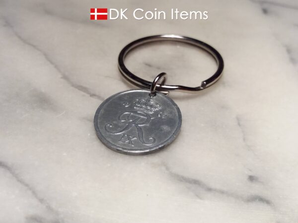 Denmark 1967 R coin keychain. 57 year old Danish 2 ore as coin pendant