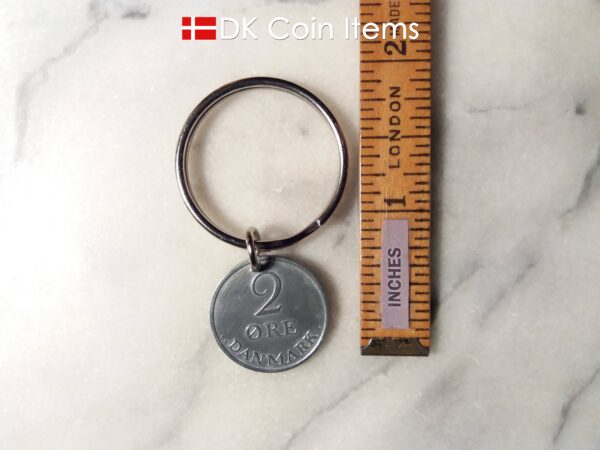 Denmark 1967 R coin keychain. 57 year old Danish 2 ore as coin pendant