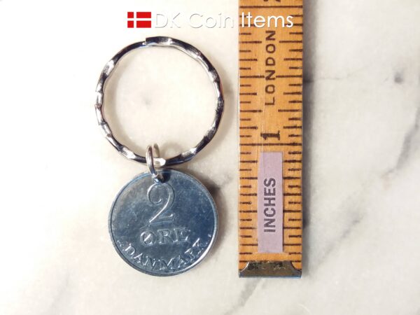 Denmark 1969 R coin keychain. 55 year old Danish 2 ore as coin pendant on pattern keyring