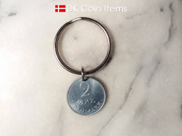 Denmark 1970 R coin keychain. 53 year old Danish 2 ore as coin pendant