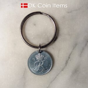 Denmark 1970 R coin keychain. 53 year old Danish 2 ore as coin pendant