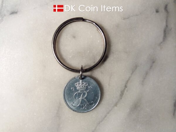 Denmark 1970 R coin keychain. 53 year old Danish 2 ore as coin pendant