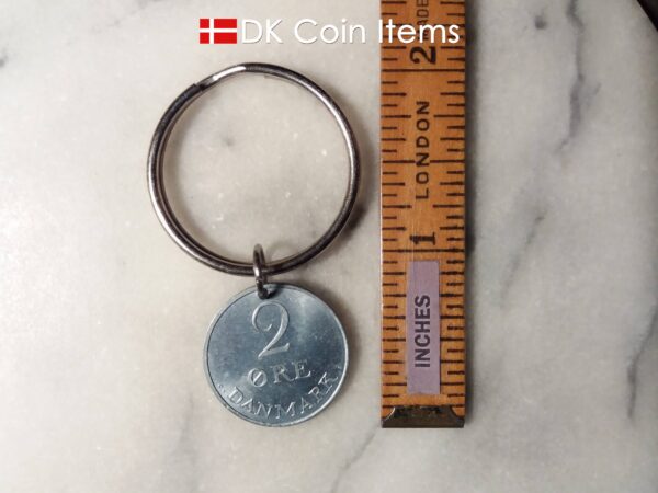 Denmark 1970 R coin keychain. 53 year old Danish 2 ore as coin pendant