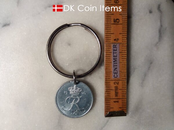 Denmark 1970 R coin keychain. 53 year old Danish 2 ore as coin pendant