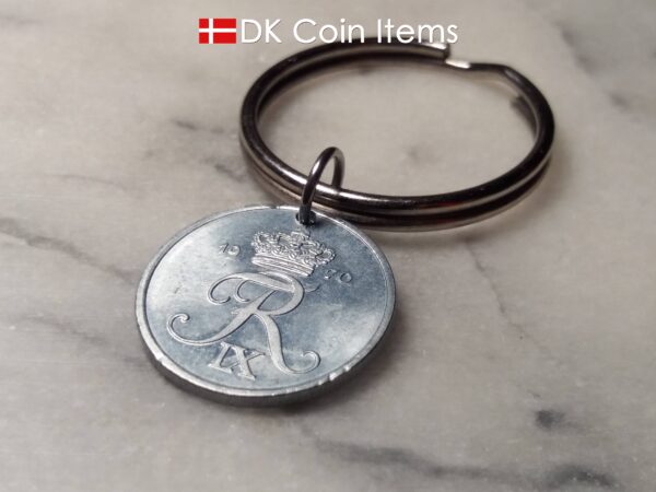 Denmark 1970 R coin keychain. 53 year old Danish 2 ore as coin pendant