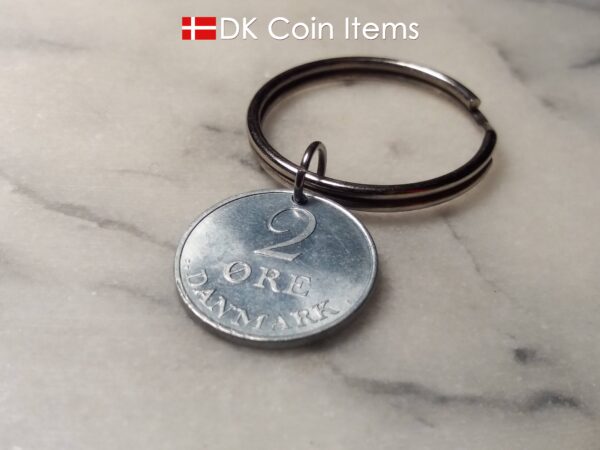 Denmark 1970 R coin keychain. 53 year old Danish 2 ore as coin pendant