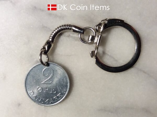 Denmark 1971 R coin keychain. 53 year old Danish 2 ore as coin pendant