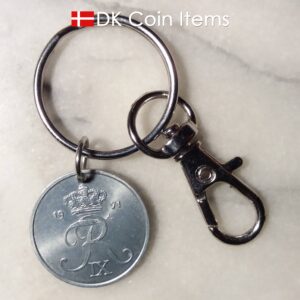 Denmark 1971 R coin keychain. 53 year old Danish 2 ore as coin pendant with trigger clip