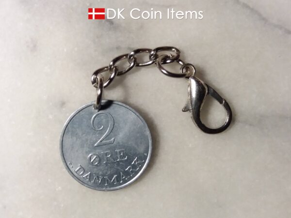 Denmark 1971 R coin charm. 53 year old Danish 2 ore coin pendant on chain with claw