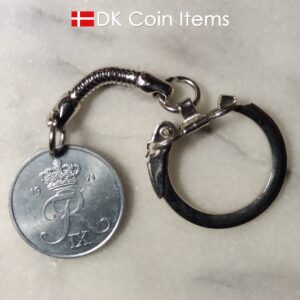 Denmark 1971 R coin keychain. 53 year old Danish 2 ore as coin pendant