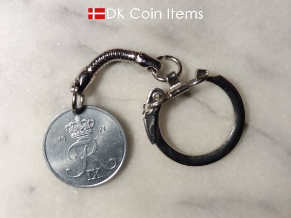 Denmark 1971 R coin keychain. 53 year old Danish 2 ore as coin pendant