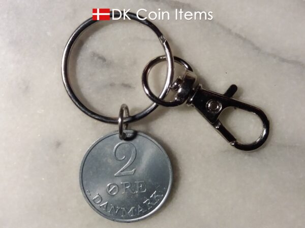 Denmark 1971 R coin keychain. 53 year old Danish 2 ore as coin pendant with trigger clip