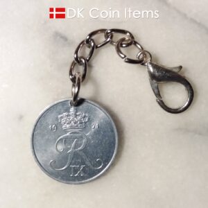 Denmark 1971 R coin charm. 53 year old Danish 2 ore coin pendant on chain with claw