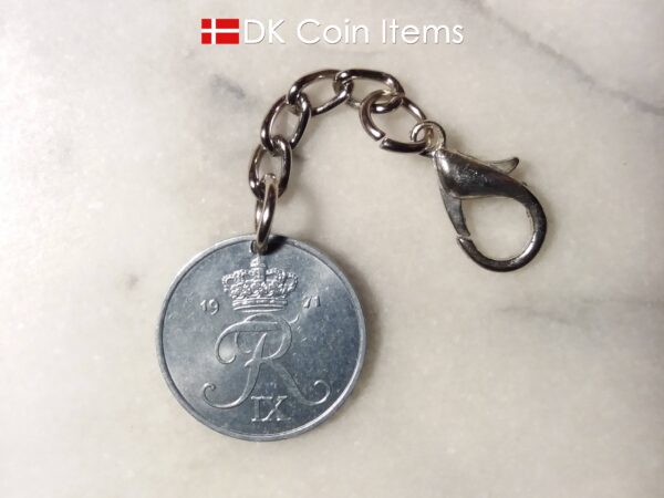 Denmark 1971 R coin charm. 53 year old Danish 2 ore coin pendant on chain with claw