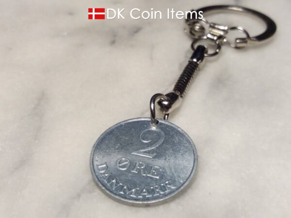 Denmark 1971 R coin keychain. 53 year old Danish 2 ore as coin pendant