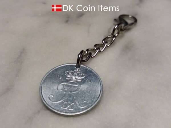 Denmark 1971 R coin charm. 53 year old Danish 2 ore coin pendant on chain with claw