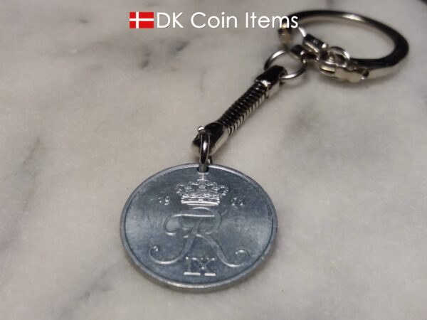 Denmark 1971 R coin keychain. 53 year old Danish 2 ore as coin pendant