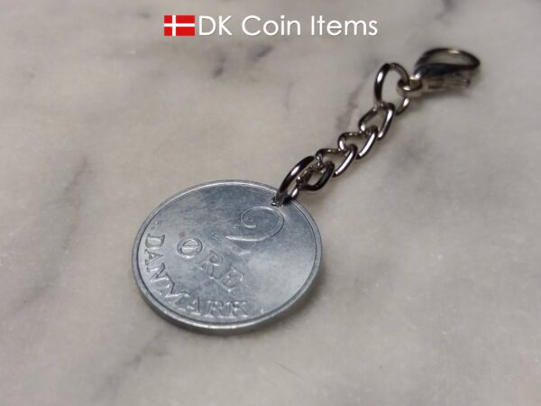 Denmark 1971 R coin charm. 53 year old Danish 2 ore coin pendant on chain with claw