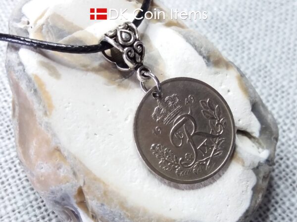 Denmark 1949 R coin necklace. 75 year 25 ore coin pendant. 75th birthday gift. Danish souvenir with bail