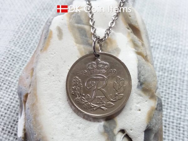 Denmark 1949 R coin necklace. 75 year 25 ore coin pendant. 75th birthday gift. Danish souvenir.