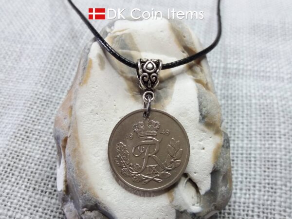 Denmark 1949 R coin necklace. 75 year 25 ore coin pendant. 75th birthday gift. Danish souvenir with bail