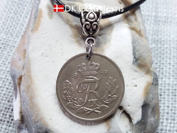 Denmark 1949 R coin necklace. 75 year 25 ore coin pendant. 75th birthday gift. Danish souvenir with bail