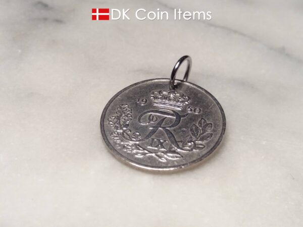 Denmark 1950 coin pendant necklace. 74 year old Danish 5 ore coin charm with R initial