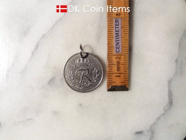 Denmark 1950 coin pendant necklace. 74 year old Danish 5 ore coin charm with R initial