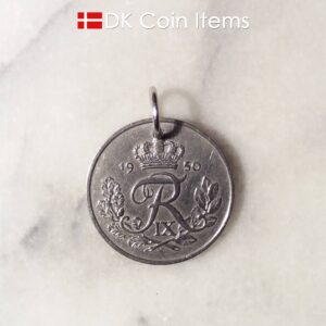 Denmark 1950 coin pendant necklace. 74 year old Danish 5 ore coin charm with R initial