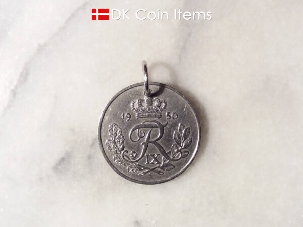 Denmark 1950 coin pendant necklace. 74 year old Danish 5 ore coin charm with R initial