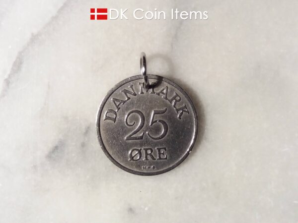 Denmark 1950 coin pendant necklace. 74 year old Danish 5 ore coin charm with R initial