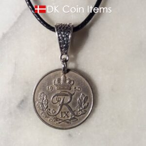 Denmark 1950 R coin necklace. 74 year old Danish 25 ore as coin pendant on bail