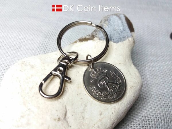 Denmark 1951 R coin keychain. 73 year old Danish 25 ore coin pendant