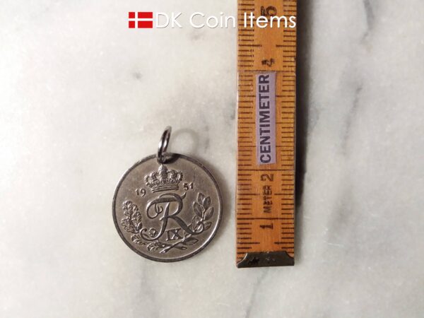 Denmark 1951 coin pendant necklace. 73 year old Danish 5 ore coin charm with R initial