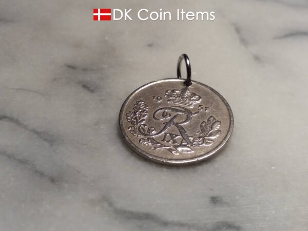 Denmark 1951 coin pendant necklace. 73 year old Danish 5 ore coin charm with R initial