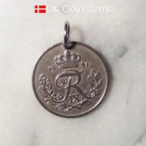 Denmark 1951 coin pendant necklace. 73 year old Danish 5 ore coin charm with R initial