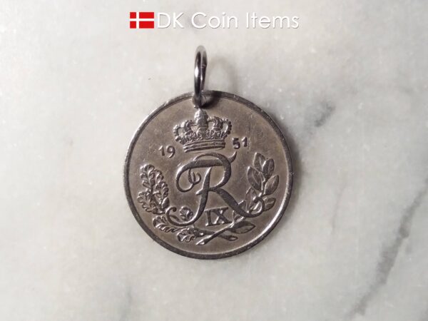 Denmark 1951 coin pendant necklace. 73 year old Danish 5 ore coin charm with R initial