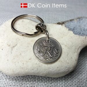 Denmark 1951 R coin keychain. 73 year old Danish 25 ore coin pendant with bail