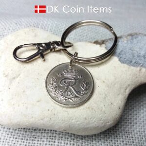 Denmark 1951 R coin keychain. 73 year old Danish 25 ore coin pendant