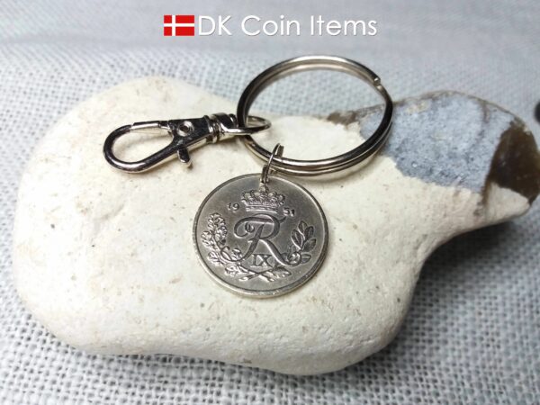 Denmark 1951 R coin keychain. 73 year old Danish 25 ore coin pendant